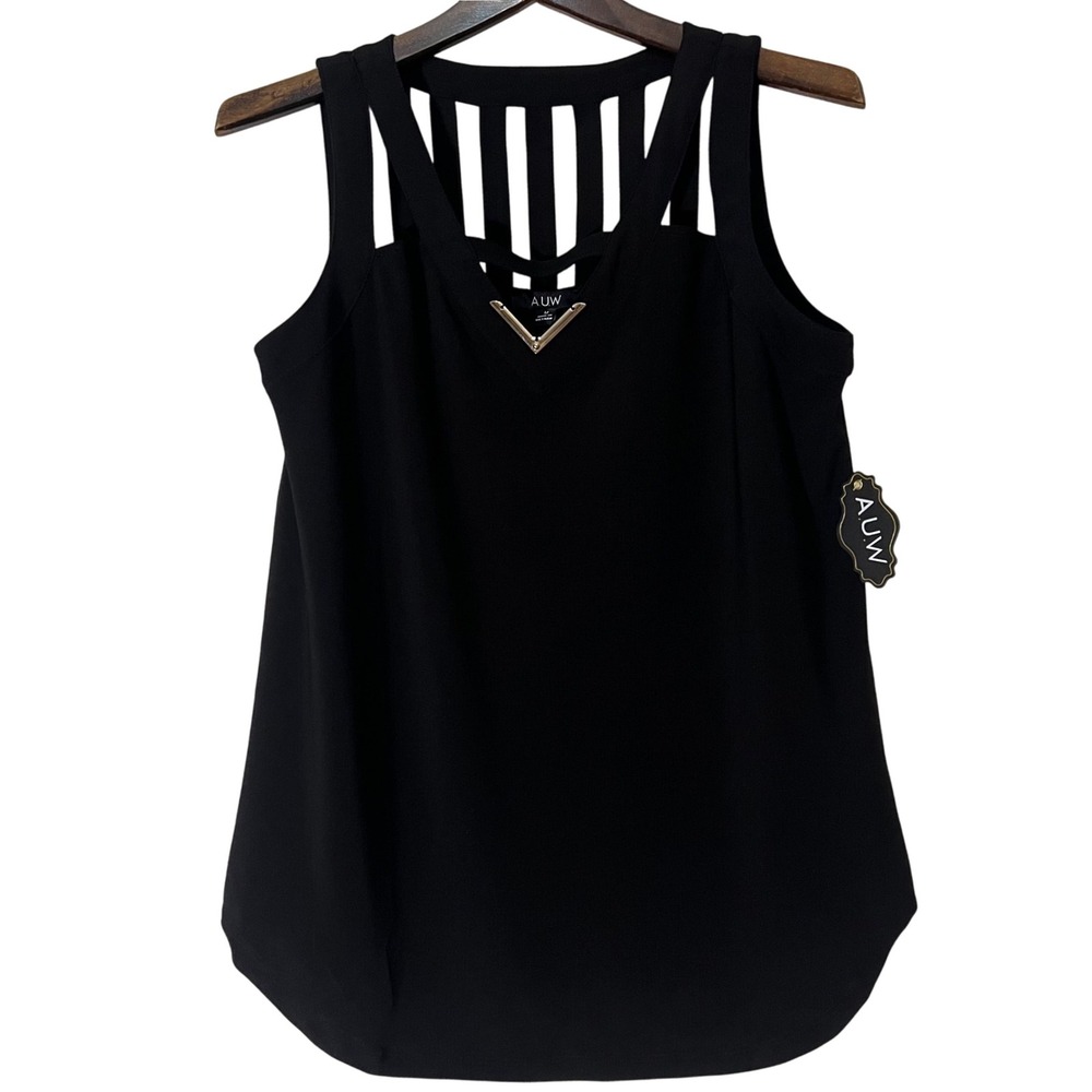 NWT AUW Black Sleeveless Top Cutout Neckline Gold Detail Modern‎ Blouse